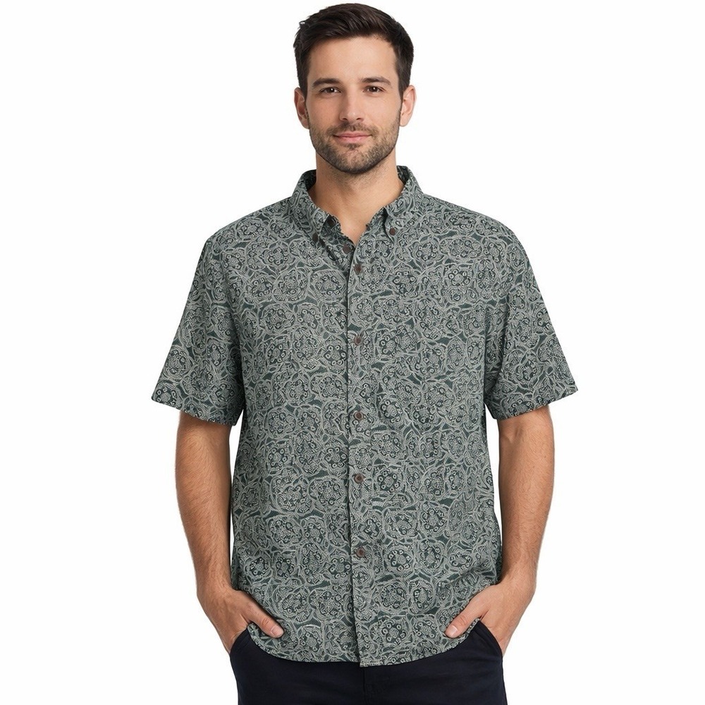 Outerknown Studio Shirt Men M Green Paisley Hawaiian Short Sleeve Button Cotton